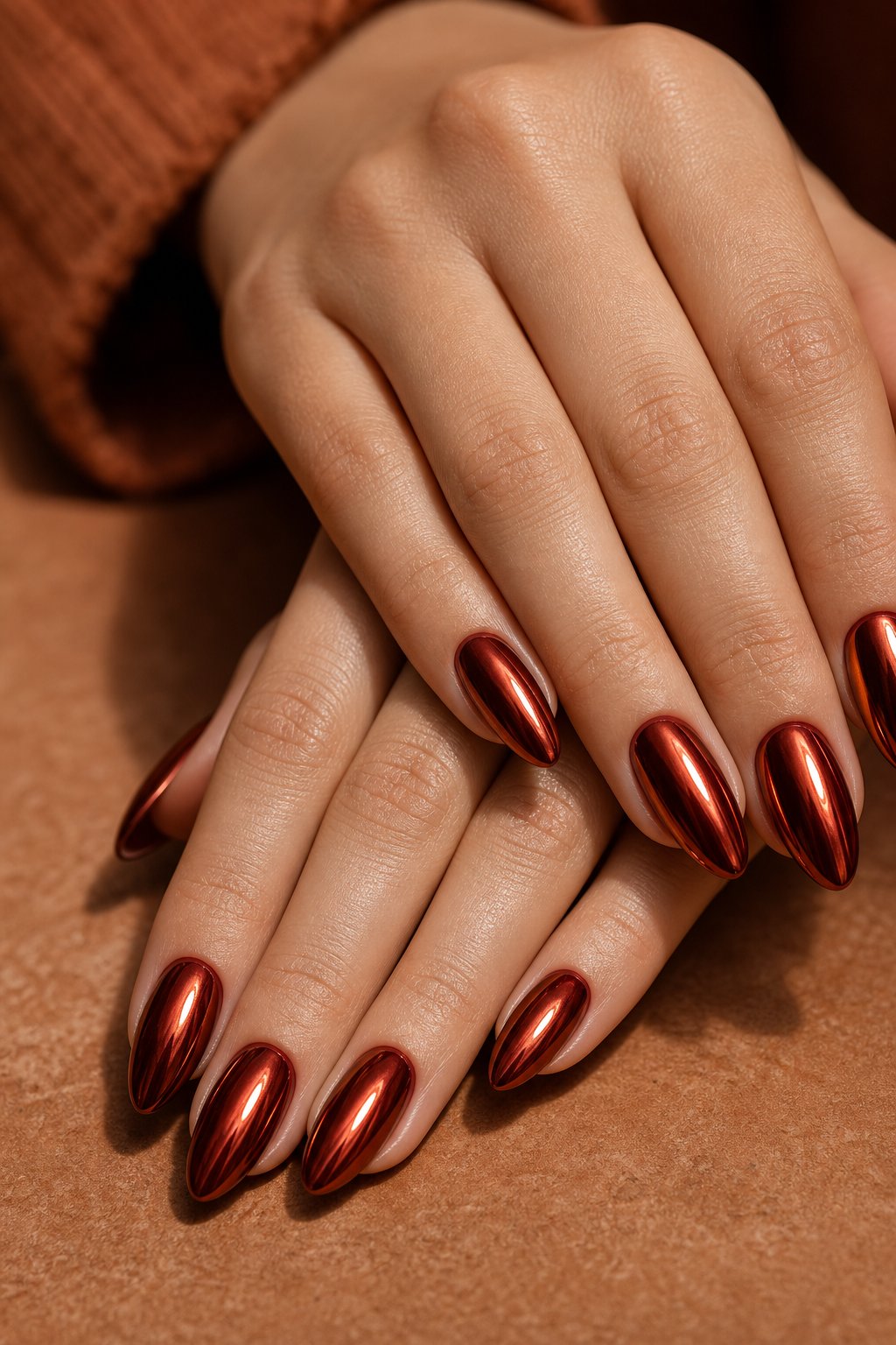 A hand with glossy burnt red chrome almond-shaped nails resting against a warm neutral background.