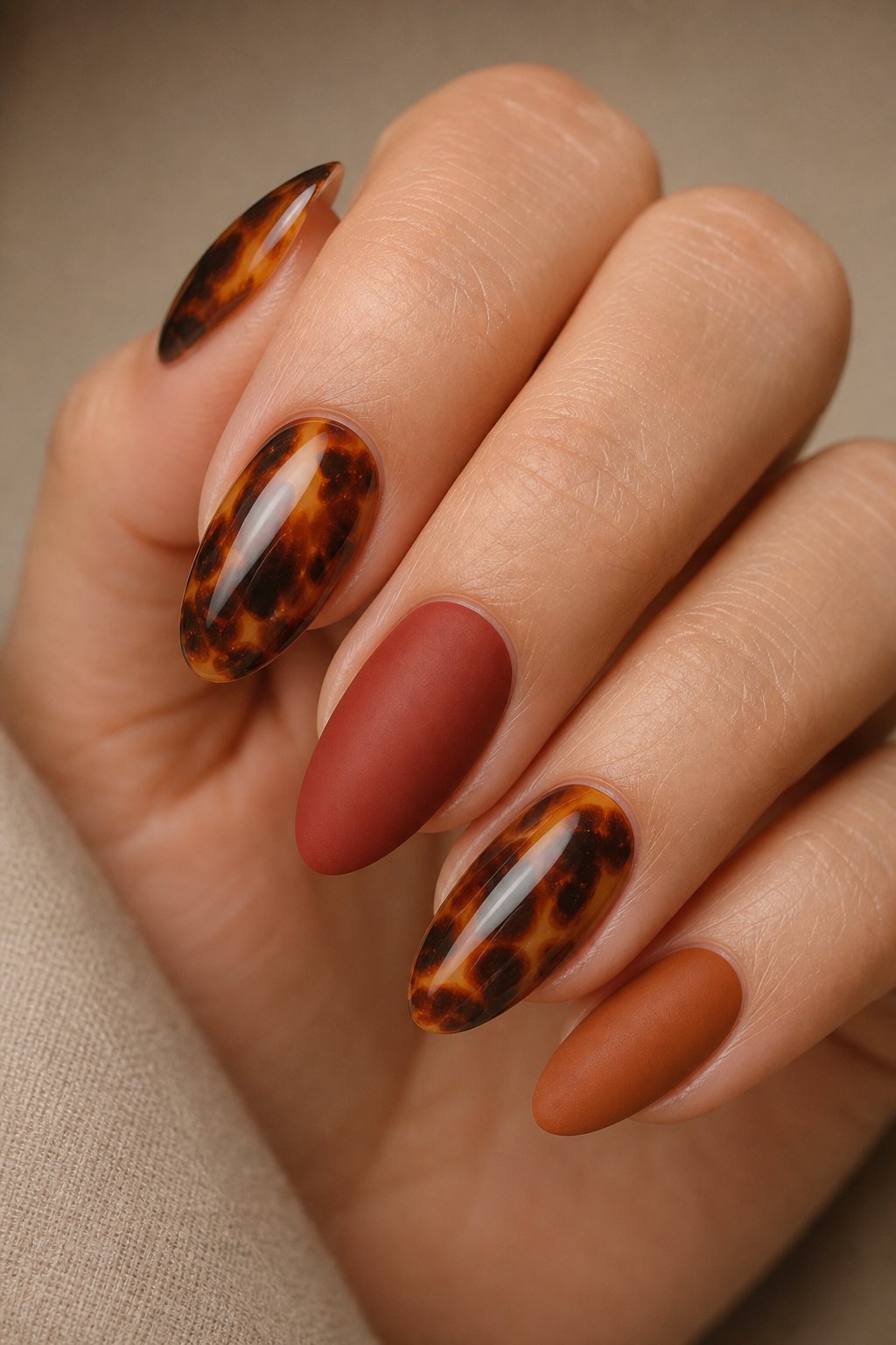 A hand displaying tortoiseshell and brick-red accent nails.