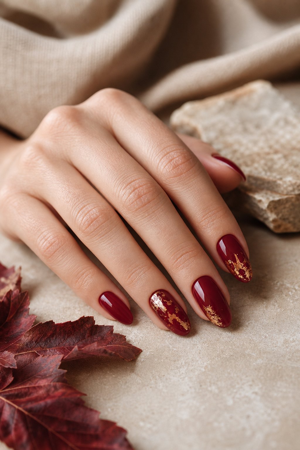 A hand with cranberry red nails decorated with delicate gold foil accents rests on a warm neutral surface.