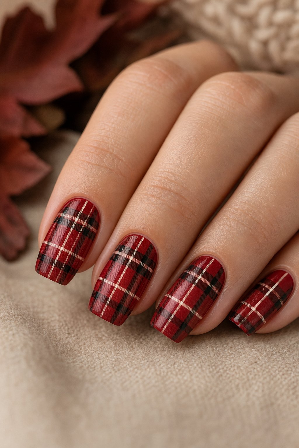 A hand with red plaid patterned fingernails rests on a neutral surface.