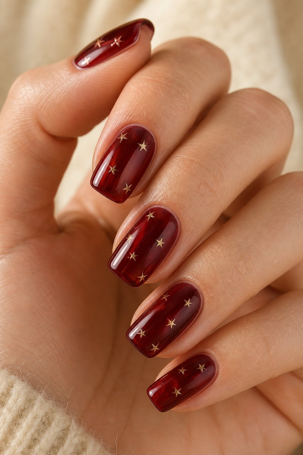 A hand with glossy garnet-red nails decorated with tiny gold stars.