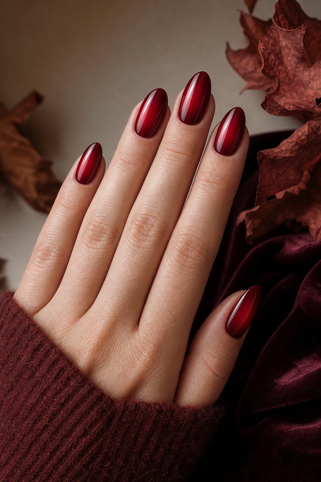 A hand with glossy ruby red aura-effect manicure resting against a warm neutral background with subtle autumn accents.