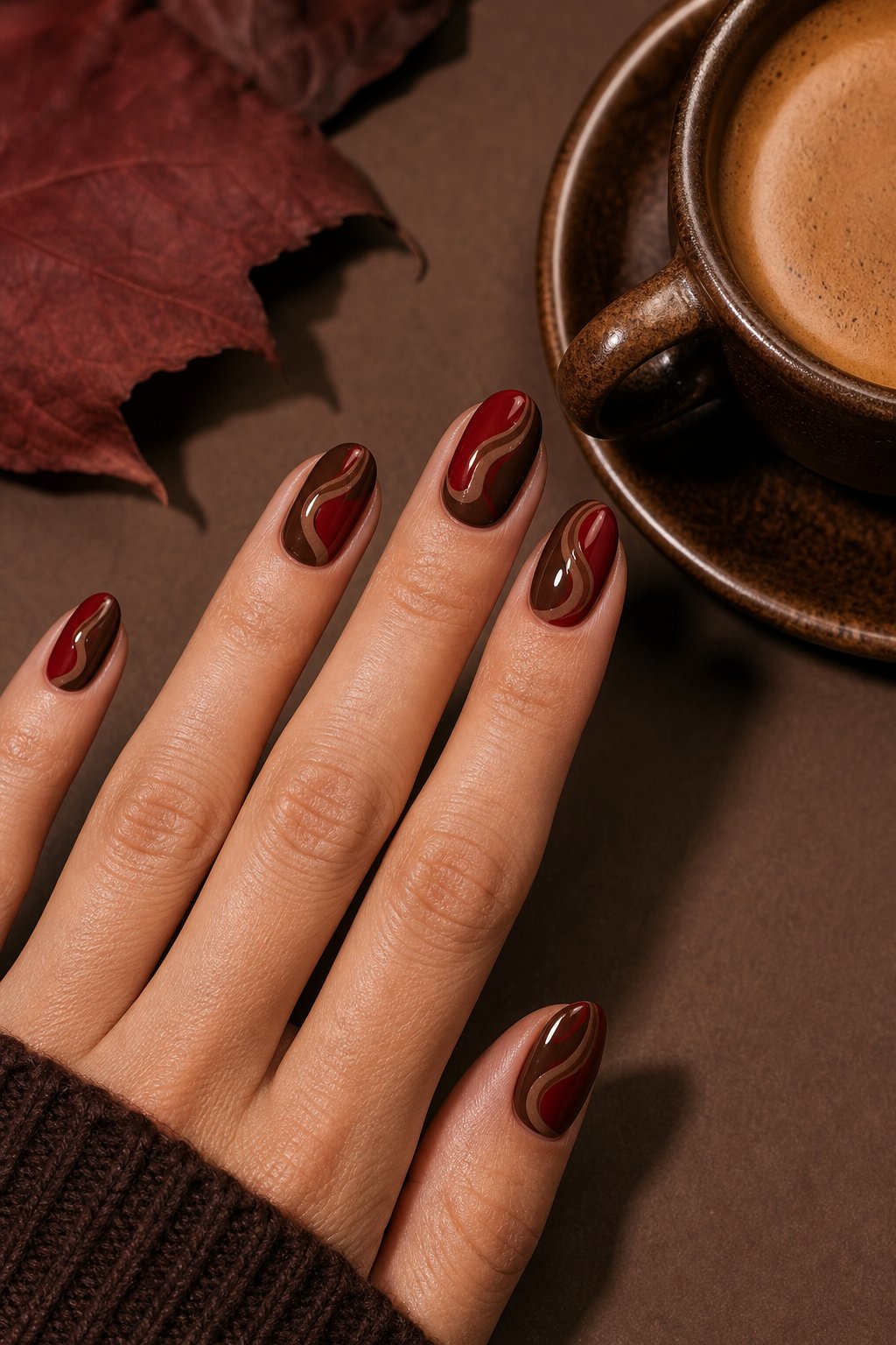 A hand with glossy deep red and espresso-brown swirled nails rests beside a cup of espresso.