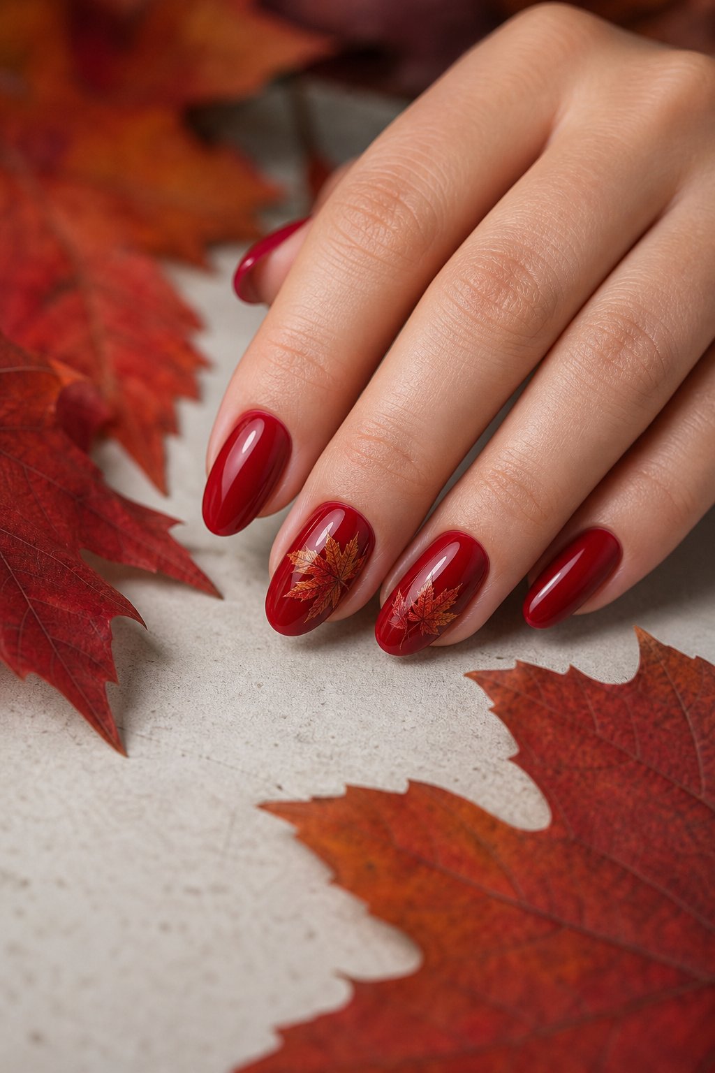 A hand with glossy scarlet red nails featuring delicate autumn maple leaf designs rests beside fallen maple leaves.