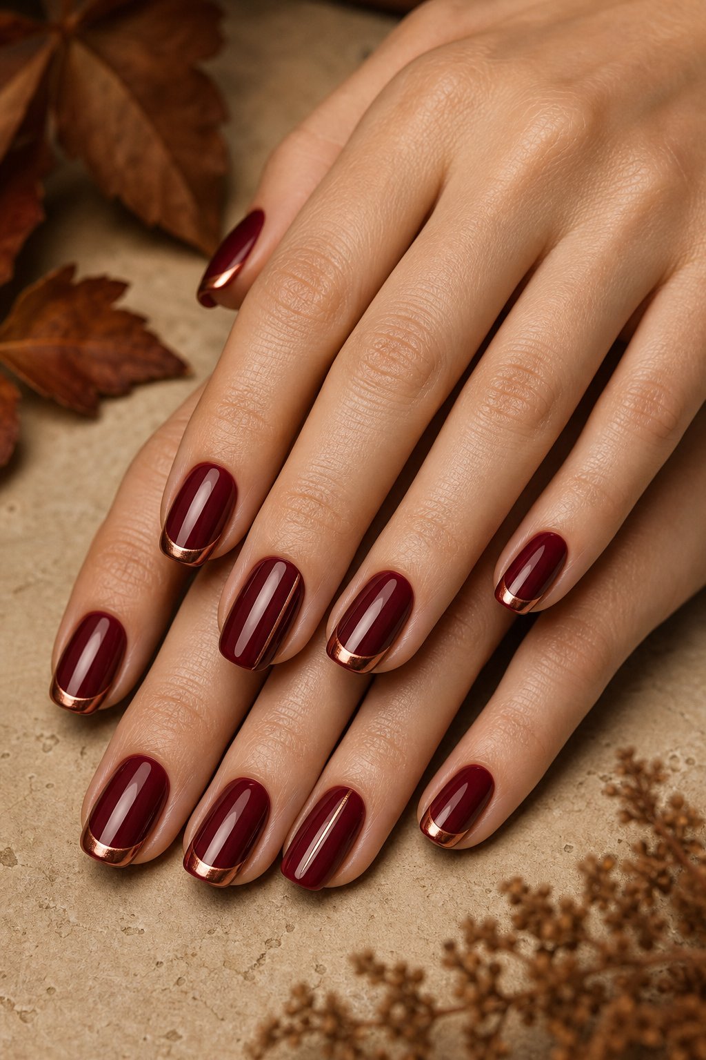 Close-up of hands with glossy merlot-red nails accented by metallic copper details.