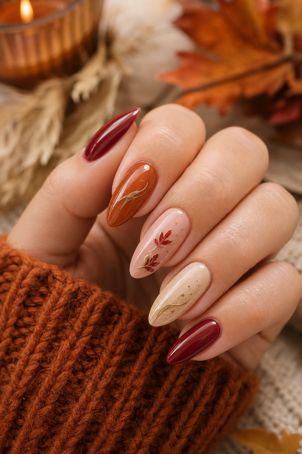 A hand with red, blush, and warm beige autumn nail polish displayed against a softly blurred seasonal background.
