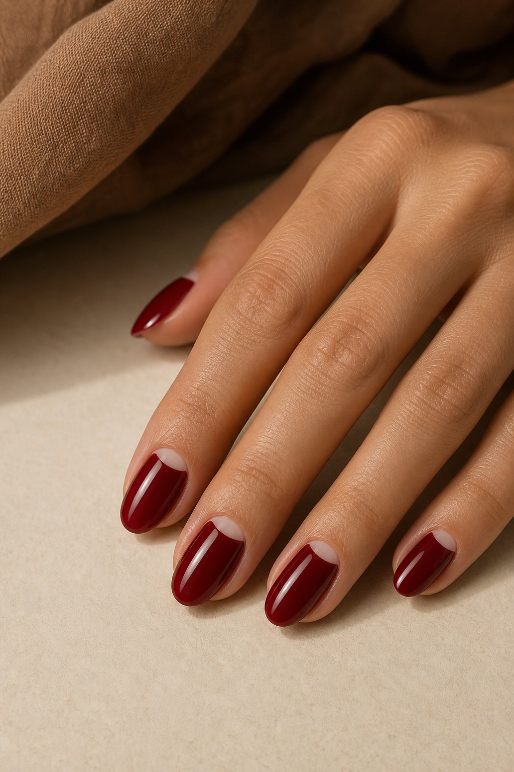 A hand with glossy mahogany red half-moon manicured nails resting on a neutral surface.