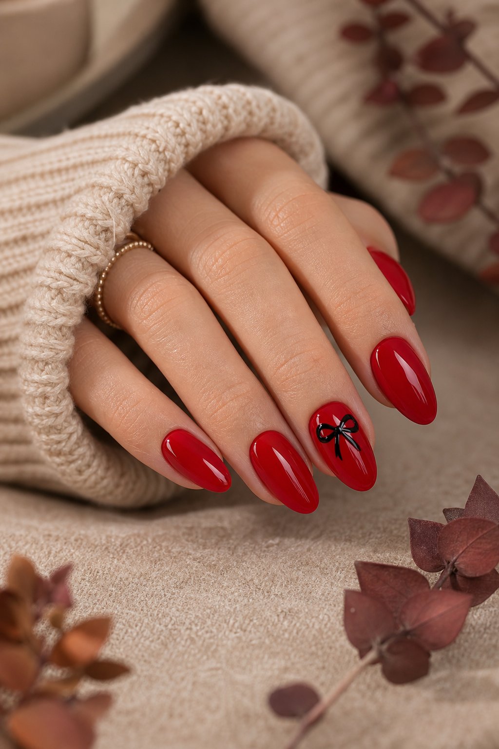 A hand with glossy red nails decorated with small black bows rests on a neutral surface.