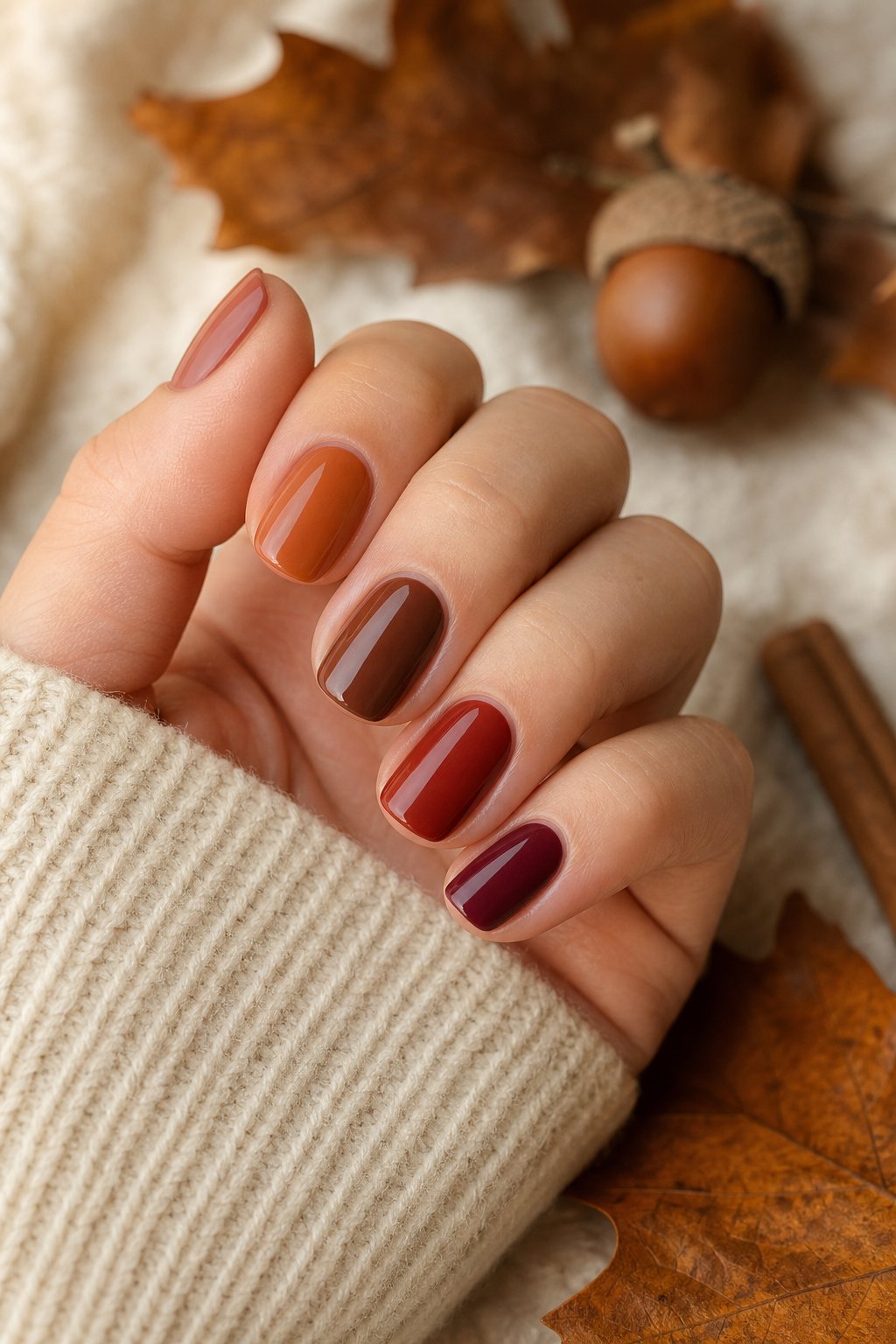 A hand with each nail painted a different warm autumn shade of red, orange, and brown.