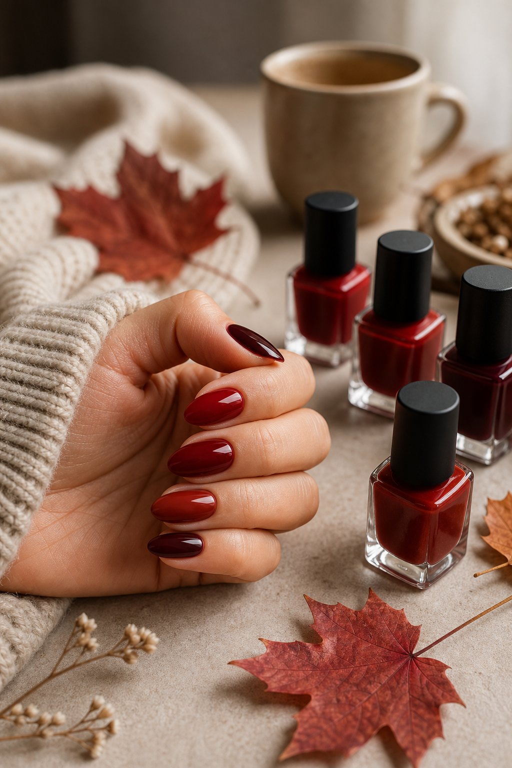 A manicured hand with deep red nails beside several red nail polish bottles and autumn leaves.